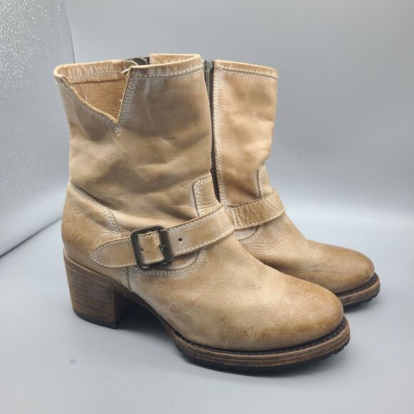 Freebird Carlito Boots Women Sz 7 Tan Distressed Leather Moto Biker Heel Zipper - Picture 4 of 12